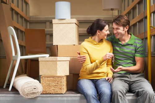 Checklist and preparation scene for a home move with furniture and packed belongings